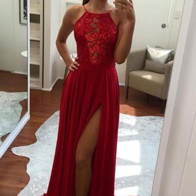 Sexy Prom Dresses,2018 Red Prom Dress,Long Prom Dress,Split-Front Prom Party Dress,Formal Women Dress,Chiffon Evening Prom Dress,Hot Sale Prom Gowns,Charming Prom Dress