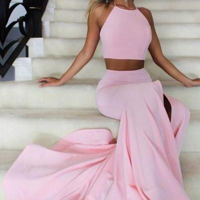  halter party dress, pink long prom dress, two piece prom dress