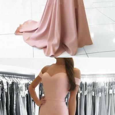 Simple blush pink party dress, off shoulder prom dress, mermaid long evening dress