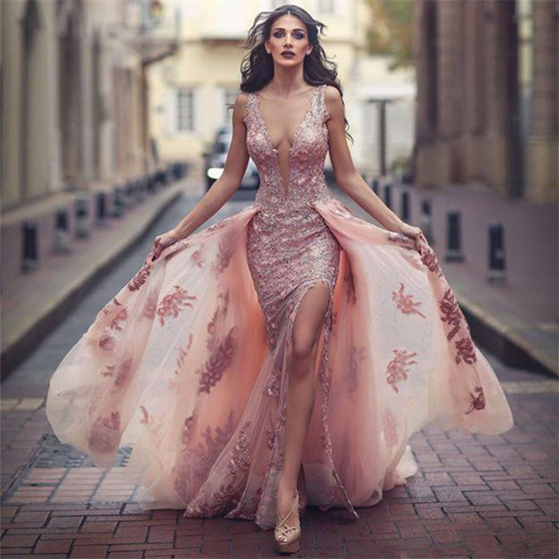 V neck Amazing Pink Formal Dress Over Skirt Front Appliques Slit