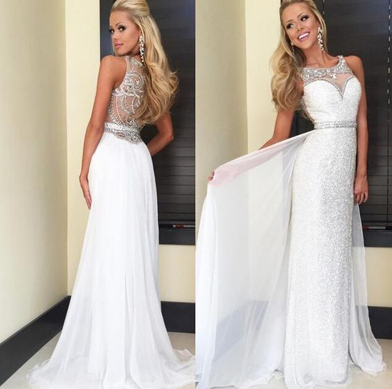 White Bateau Long Prom Dresses