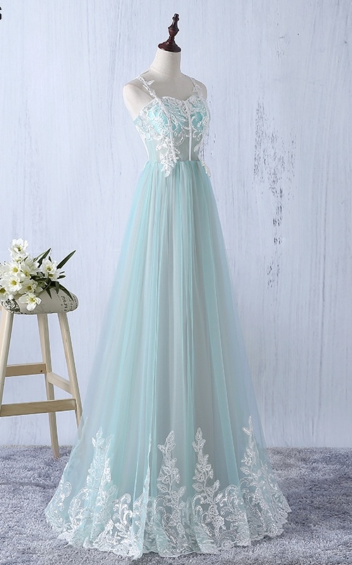 Spaghetti Straps Long Lace Tulle Prom Dresses For Teens elegant