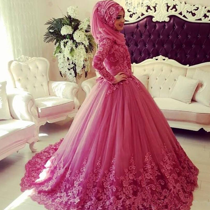 2018 Wedding Dresses pink Wedding Dress With Hijab Lace Wedding