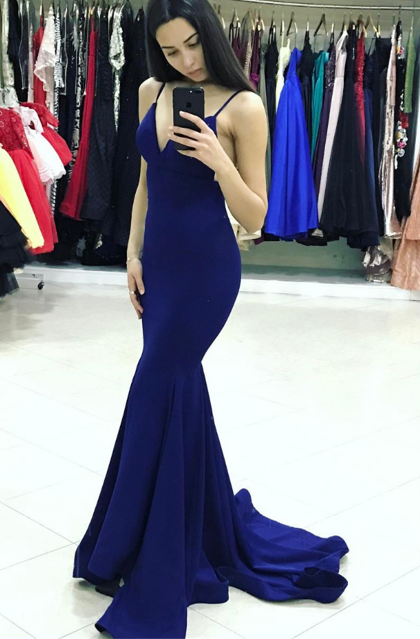 Sexy Royal Blue V Neck Backless Mermaid Prom Dress, With Spaghetti ...