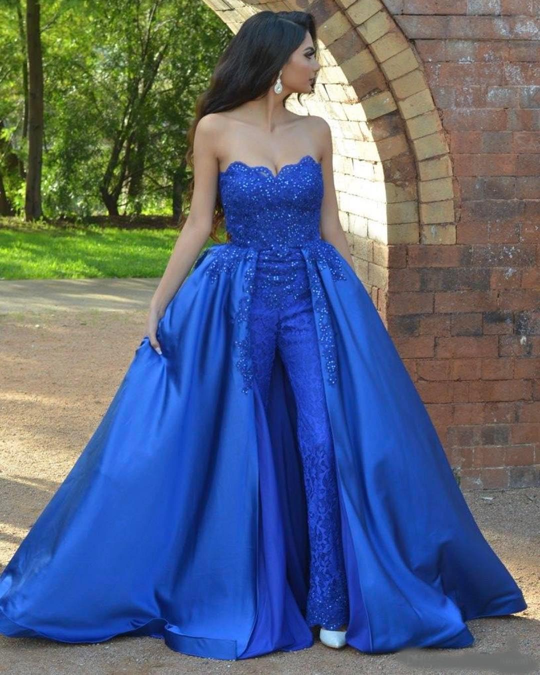 Royal Blue Jumpsuits Lace Prom Dresses Strapless Neck Beaded Overskirt ...