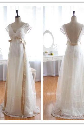 Wedding Dress, A-line Wedding Dress, Short Sleeve Wedding Dress, Empire Wedding Dress, Bridal Dress, Open Back Wedding Dress, Lace Wedding Dress,