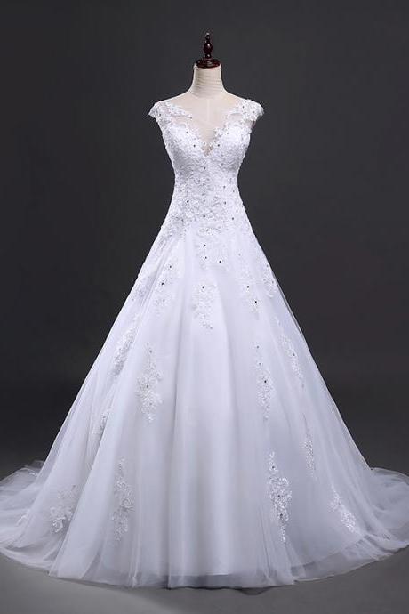 Long Wedding Dress, A-line Wedding Dress, Applique Wedding Dress, Sequin Bridal Dress, Tulle Wedding Dress, Custom Made Wedding Dress,