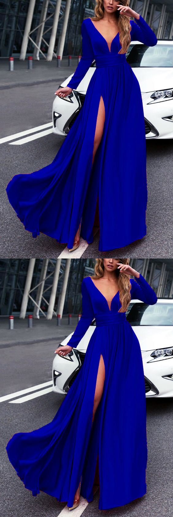 Royal Blue Long Sleeves Prom Dresses 2018 Leg Split Evening Gowns on Luulla